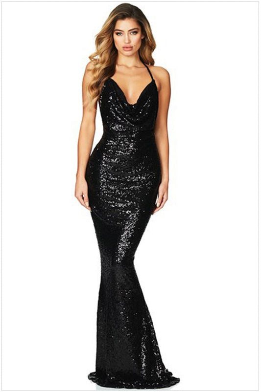 Haven Formal Sequin Charming Scroll Halter Dress