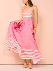 Floral Print Paneled Charming Striped Suspender Mixi Dress