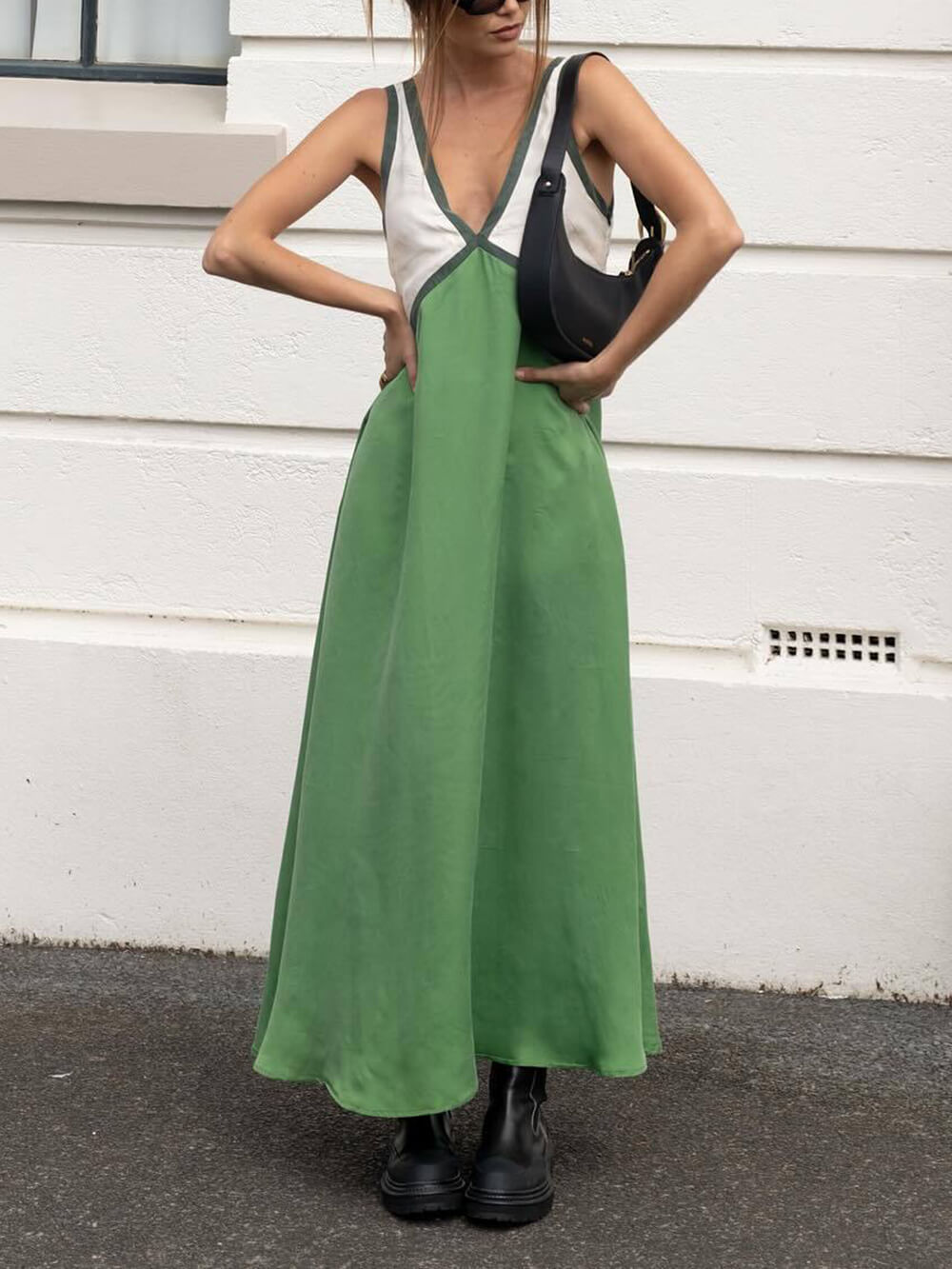 Splicing Chic V-neck Charming Contrasting Color Dress