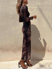 Charm Lady Mesh Overlay Tie Dye Modern Print Long Sleeve Ruched Stretch Midi Dress