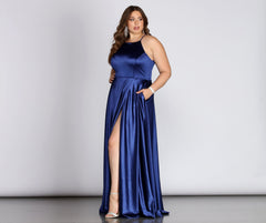 Plus Gabrielle Formal Charming High Slit Satin Dress