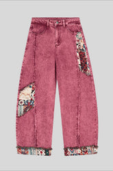 Pattern Patch Ankle Barrel Leg Jeans