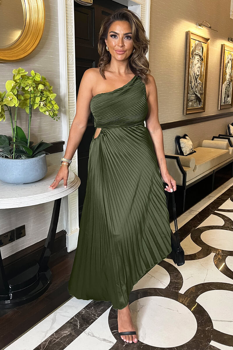 One-Shoulder Pleated Midi Dress
