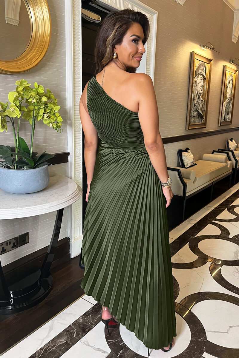 One-Shoulder Pleated Midi Dress
