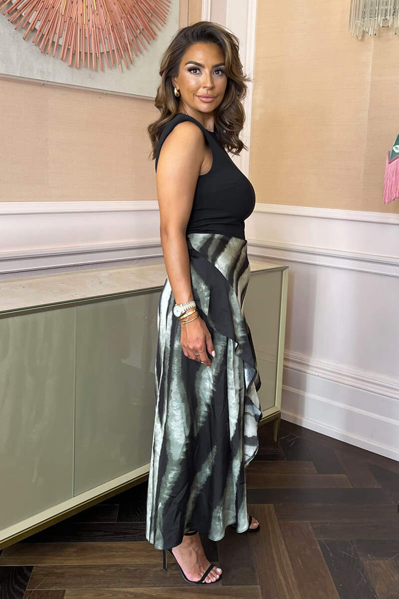 Calista - Multi-Striped 2-in-1 Frill Split Midi Dress - HELLA TREND