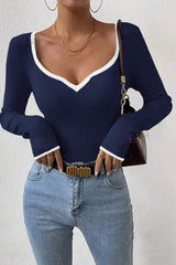 V-Neck Ribbed Fitted Knit Sweater