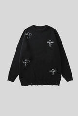 Gothic Cross Typography Distressed Sweater