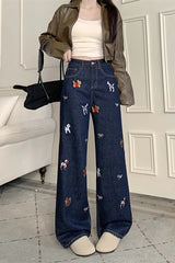 Embroidered Print Wide Leg Denim Jeans