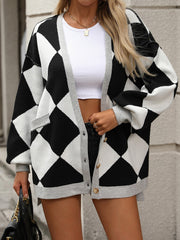 V-neck Diamond Check Patchwork Loose Knit Cardigan