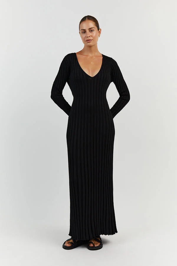 V-Neck Sleeved Knit Dress