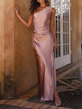Temperament Slim Fit One Graceful Shoulder Split Satin Dress