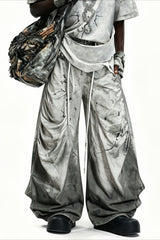 Washed Splatter Double Waist Cargo Pants