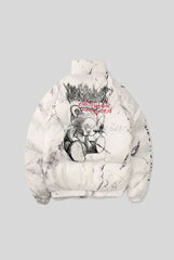 Bear Graphic Marble Print Puffer Jacket