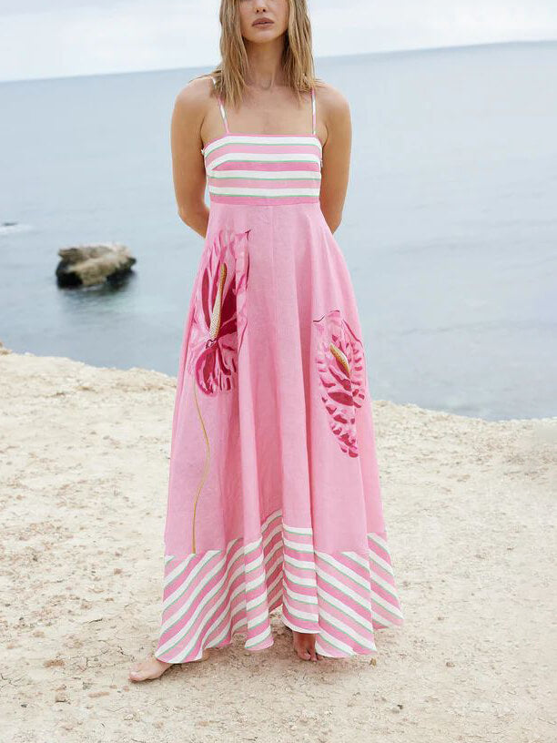 Floral Print Paneled Charming Striped Suspender Mixi Dress