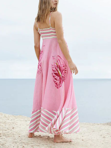 Floral Print Paneled Charming Striped Suspender Mixi Dress