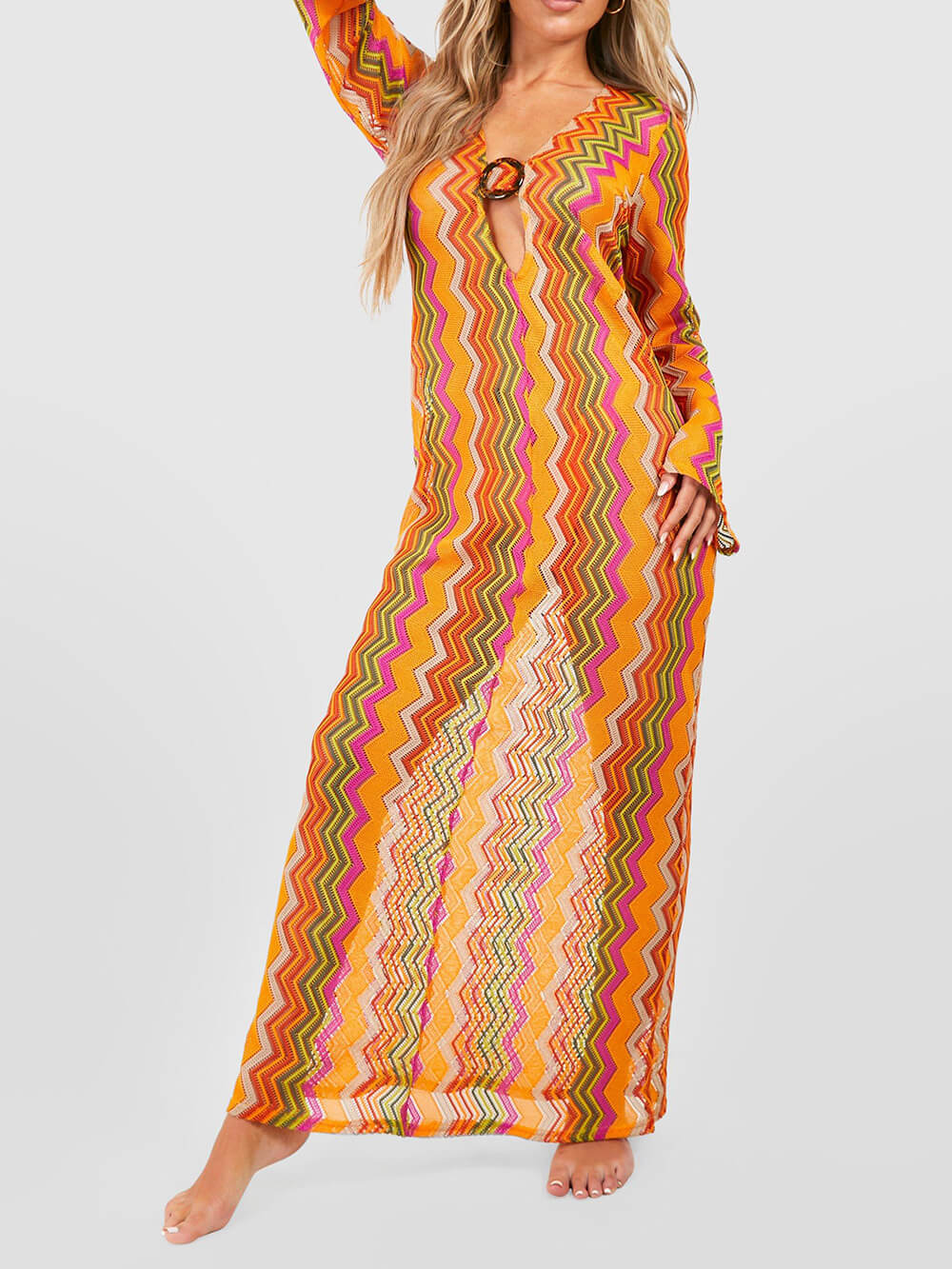 Orange Soda Stripe Print O-Ring Trendy Long Sleeve Beach Maxi Dress