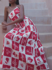 Floral Trim Unique Printed Graceful One Shoulder Flared Maxi Dress