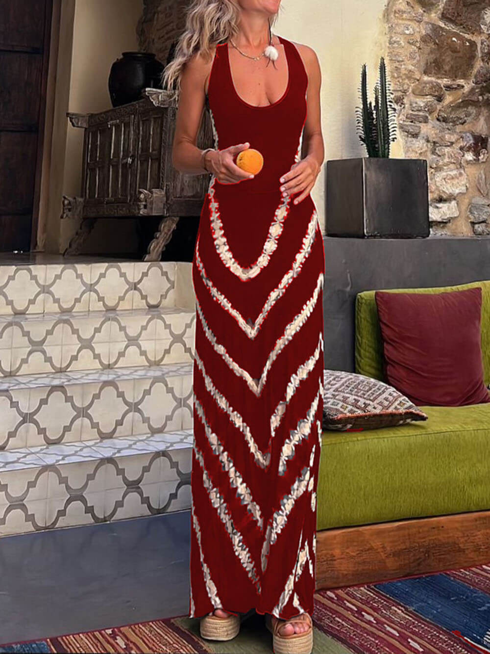 Wave Print Tie Charming Back Stretch Maxi Dress