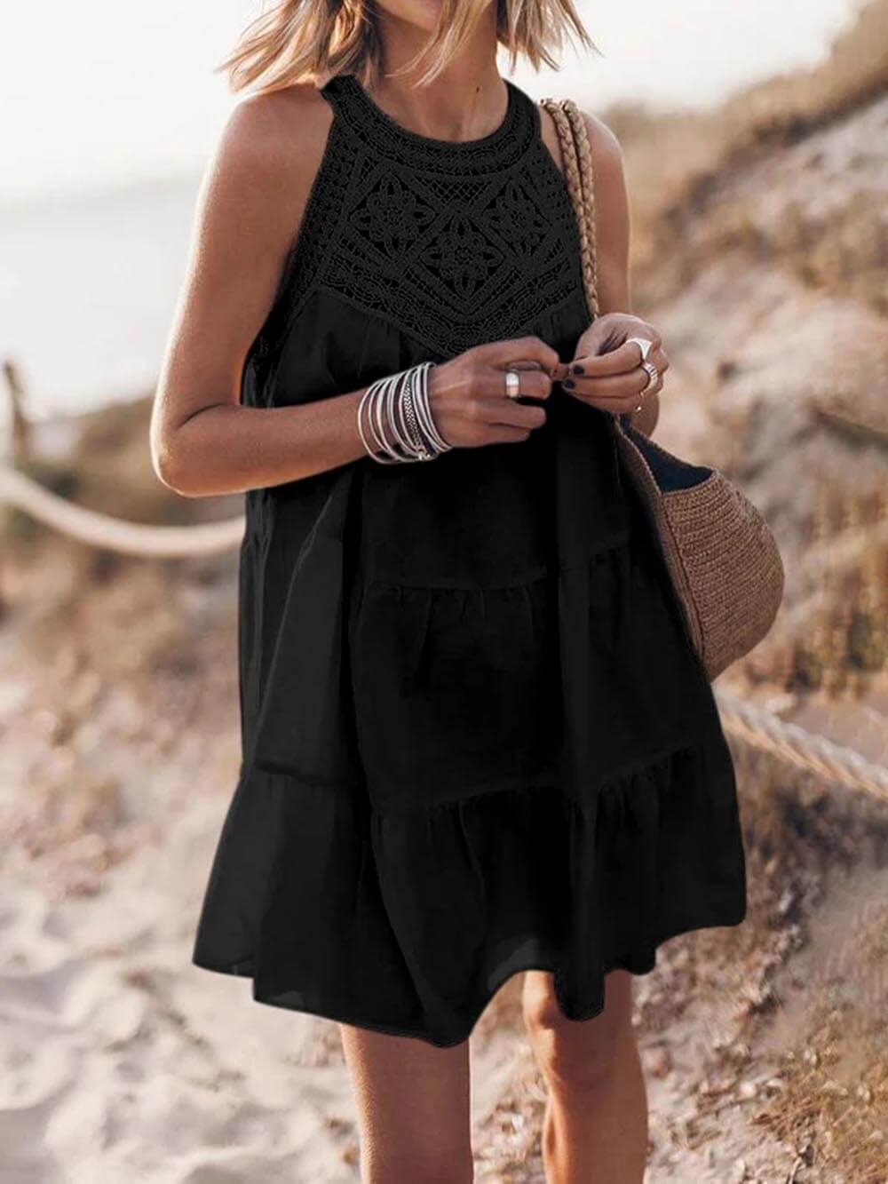 Hollow Lace Patchwork Charming Halterneck A-Line Mini Dress