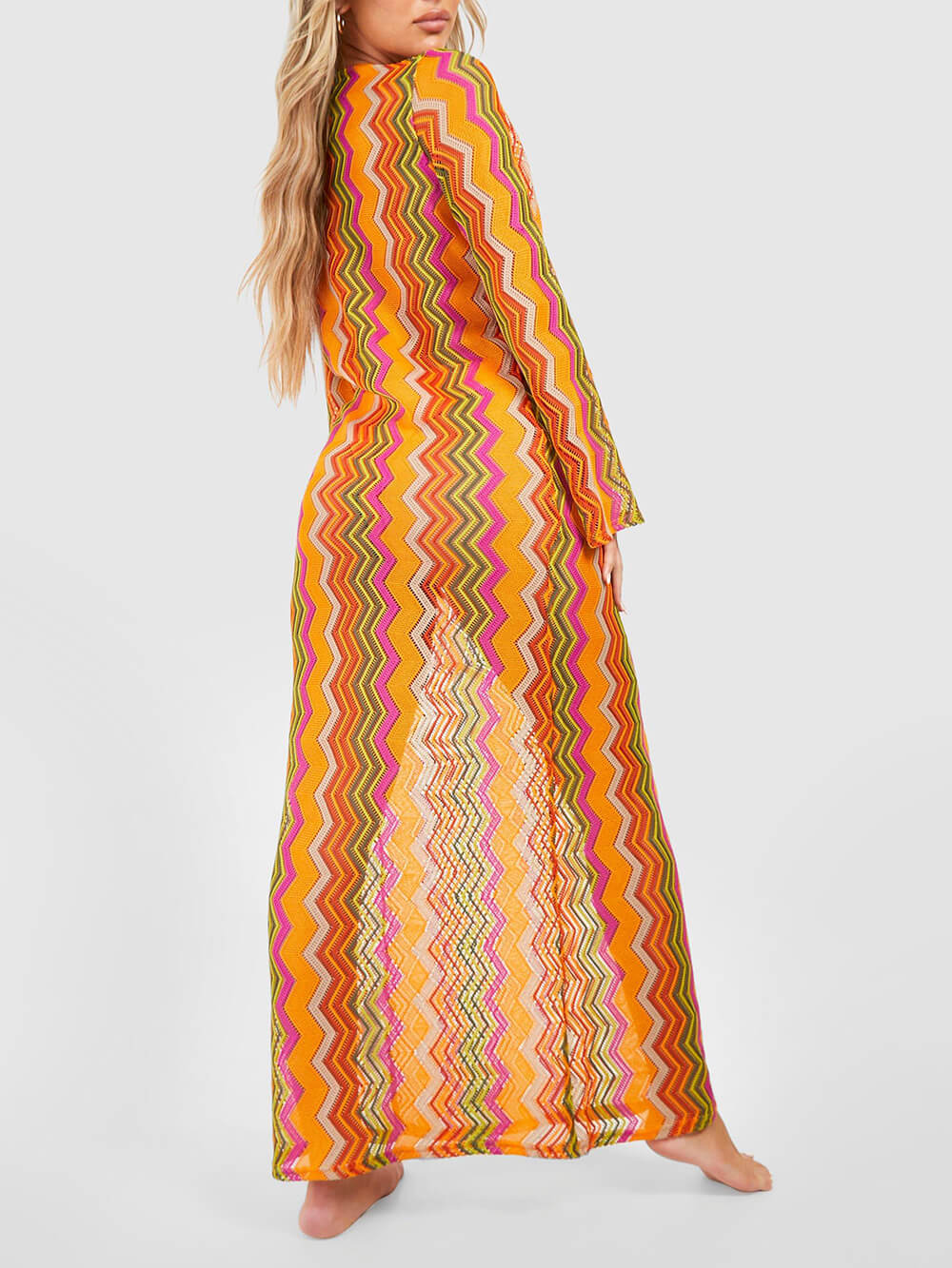 Orange Soda Stripe Print O-Ring Trendy Long Sleeve Beach Maxi Dress
