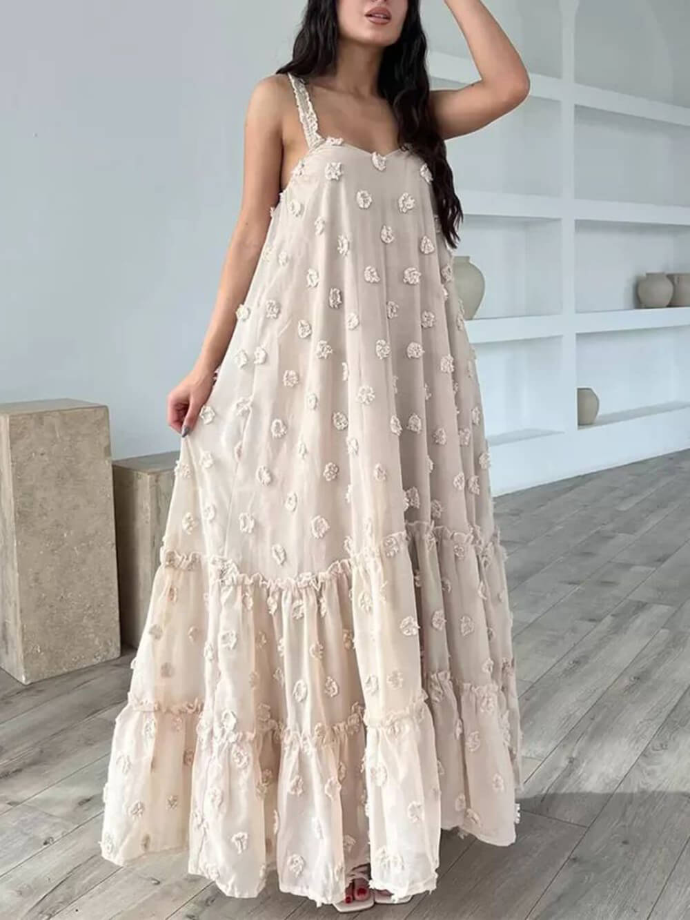 Pretty Flower Decor A-Line Graceful Layered Loose Maxi Dress