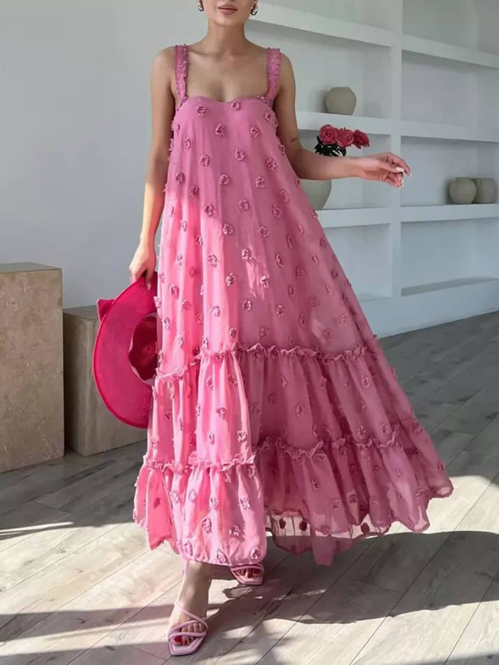 Pretty Flower Decor A-Line Graceful Layered Loose Maxi Dress