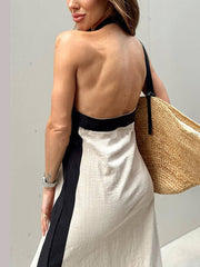 Color Block Halter Charming Neck Slit Maxi Dress