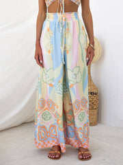Floral Print Smocked Adjustable Tank Top Drawstring Wide Leg Pants Set