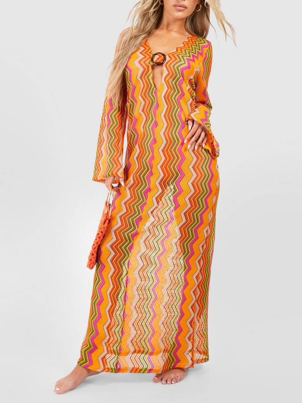 Orange Soda Stripe Print O-Ring Trendy Long Sleeve Beach Maxi Dress