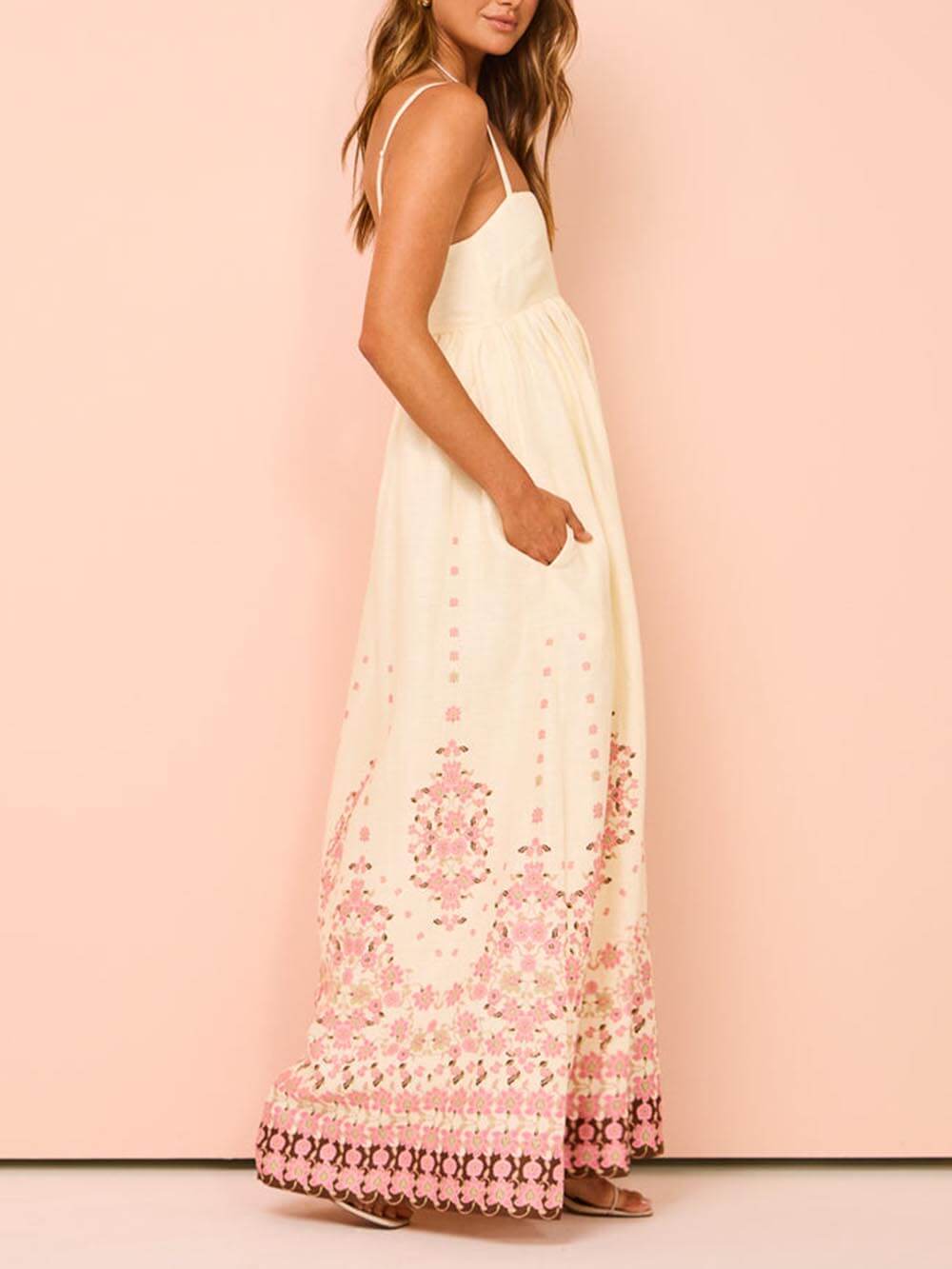 Ethnic Print Halter Charming Cream Extra Maxi Dress
