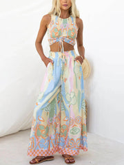 Floral Print Smocked Adjustable Tank Top Drawstring Wide Leg Pants Set