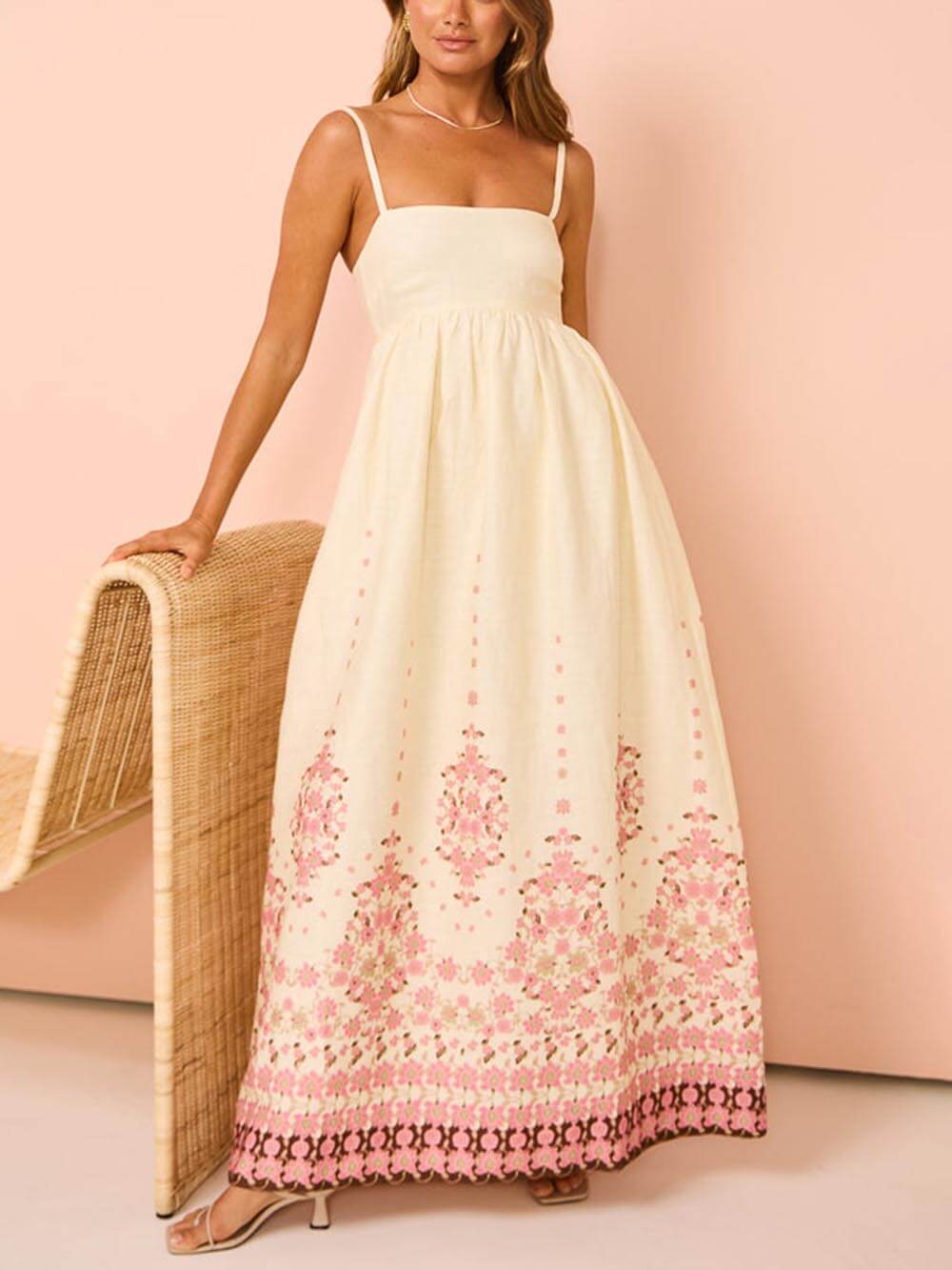 Ethnic Print Halter Charming Cream Extra Maxi Dress