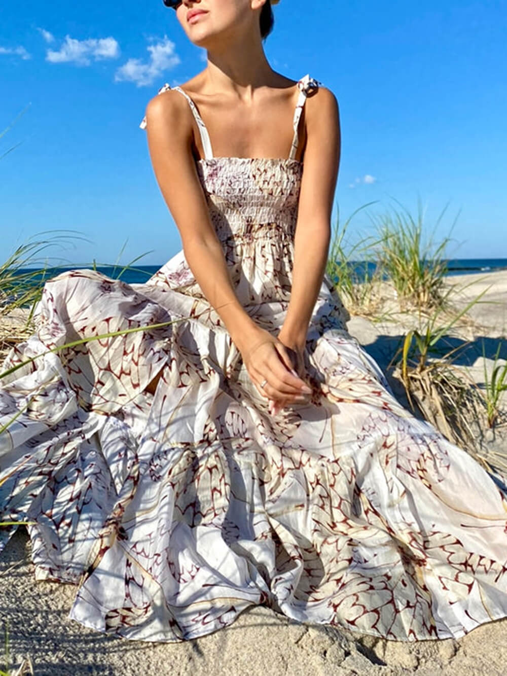 Elegant Vacation Print Charming Pleated Tiered Dress
