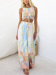 Floral Print Smocked Adjustable Tank Top Drawstring Wide Leg Pants Set