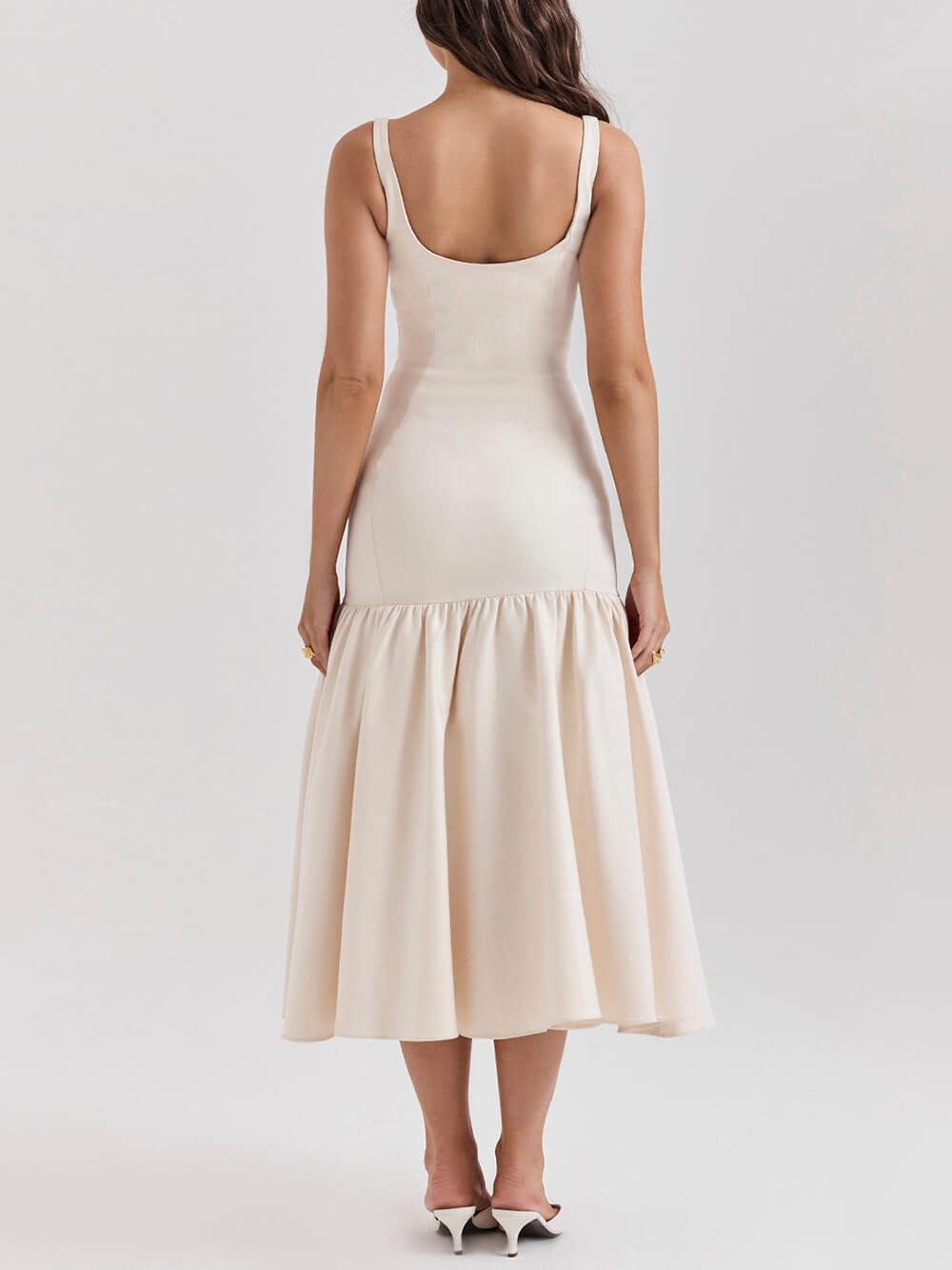 Graceful Square Neck Wide Graceful Strap Drop Waist Midi Dress