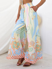 Floral Print Smocked Adjustable Tank Top Drawstring Wide Leg Pants Set