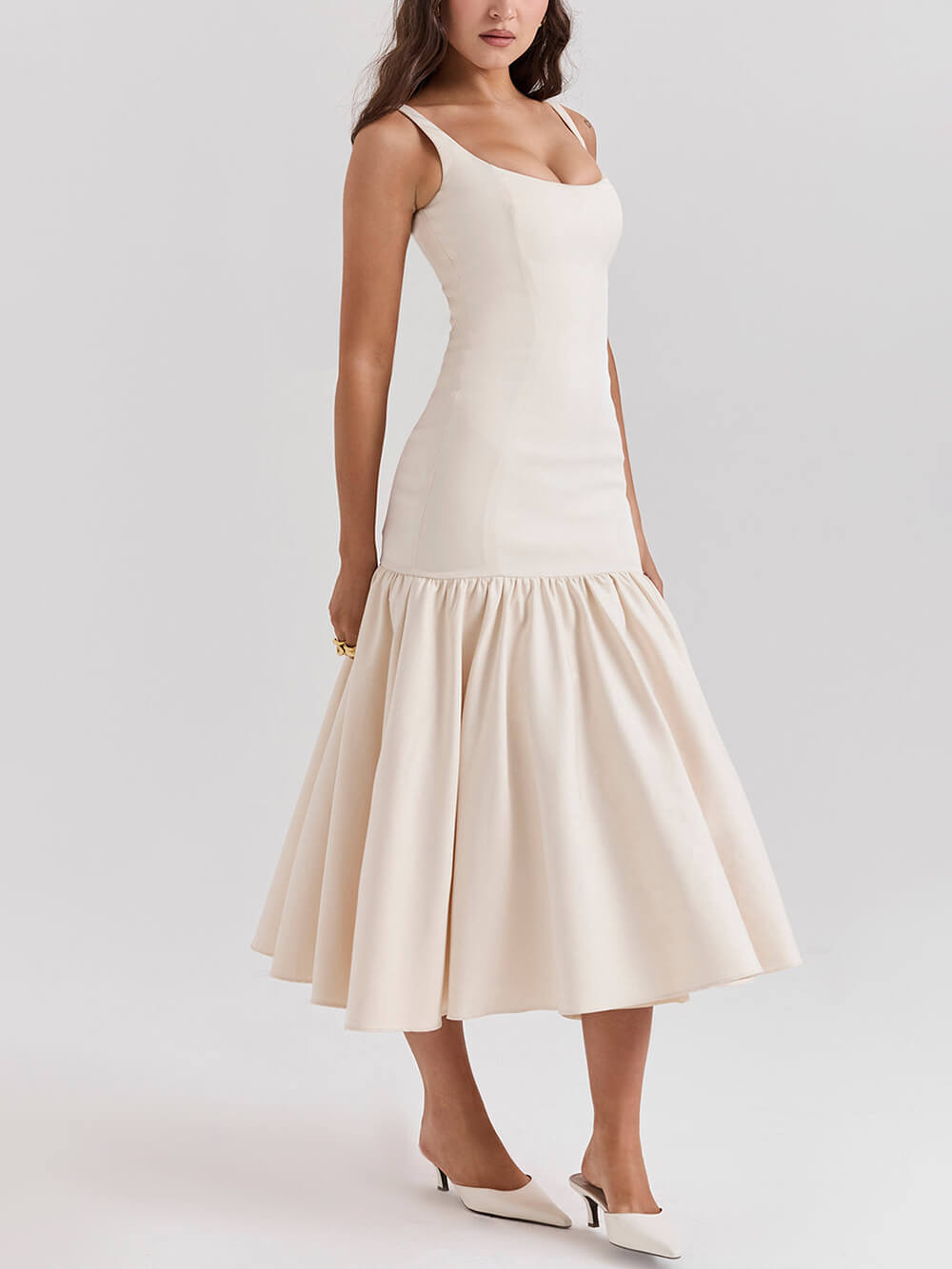 Graceful Square Neck Wide Graceful Strap Drop Waist Midi Dress