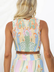 Floral Print Smocked Adjustable Tank Top Drawstring Wide Leg Pants Set