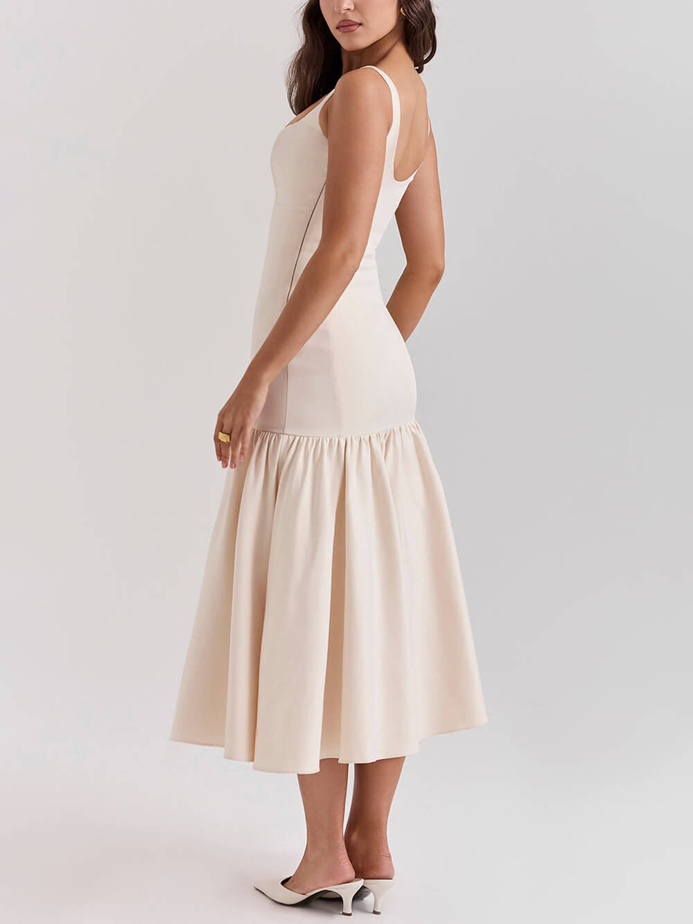 Graceful Square Neck Wide Graceful Strap Drop Waist Midi Dress