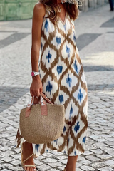 BEXLEY - GEOMETRIC PATCHWORK V-NECK STRAP DRESS