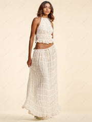 Charm Pleated Drawstring Charming Waist Tiered Maxi Skirt