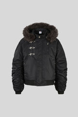 Detachable Fur Hood Ruched Sleeve Coat