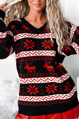 Christmas Reindeer Jacquard Folk Contrast Loose Sweater