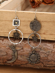 Boho Earrings - Bronze Tassel Sun Moon Asymmetrical