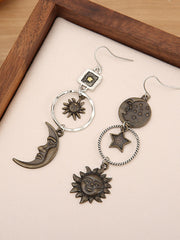 Boho Earrings - Bronze Tassel Sun Moon Asymmetrical