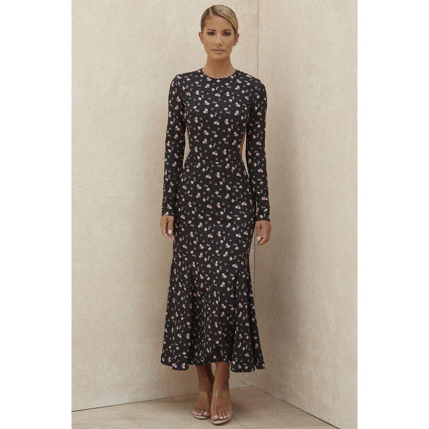floral halter sexy slim long-sleeved dress