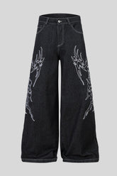 White Thorn Embroidered Wide Leg Jeans