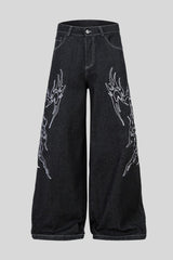 White Thorn Embroidered Wide Leg Jeans