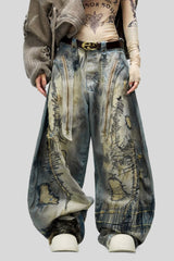 Distressed Stitch Embroidered Baggy Barrel Jeans