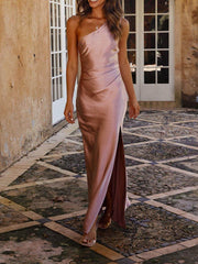Temperament Slim Fit One Graceful Shoulder Split Satin Dress